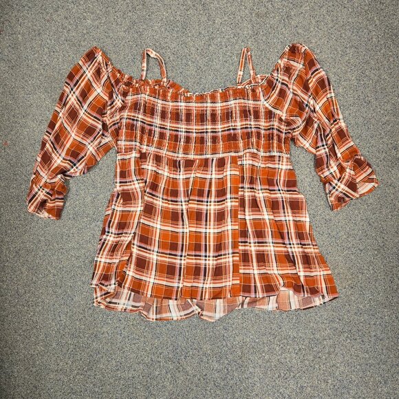 Torrid Womens Plus Size 4 Plaid Off-Shoulder Smocked Top Orange Rust & White Ray - Picture 3 of 10